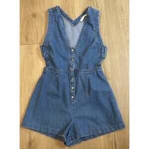 ASTR The Label Romper Women's Medium Blue Denim Button Front Sleeveless V Neck